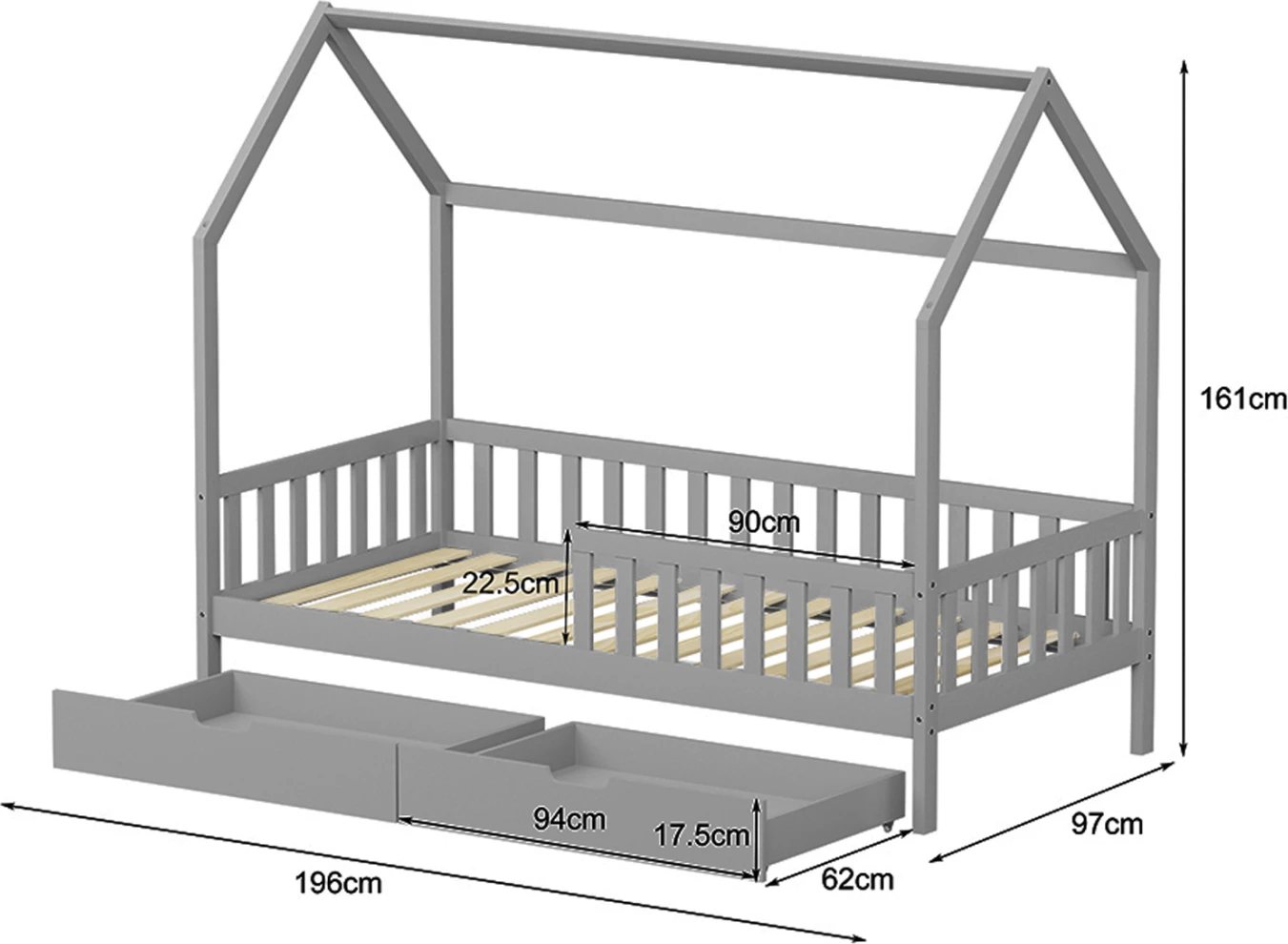 Krevat fëmijësh me sirtarë PHYLLIS FH724.05, dru pishe, ngjyrë gri, 196x97x161cm