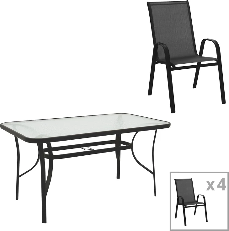 Tavolinë me karrige Calan-Ensure, 5 copë, metal-xham, ngjyrë e zezë, 140x80x70cm