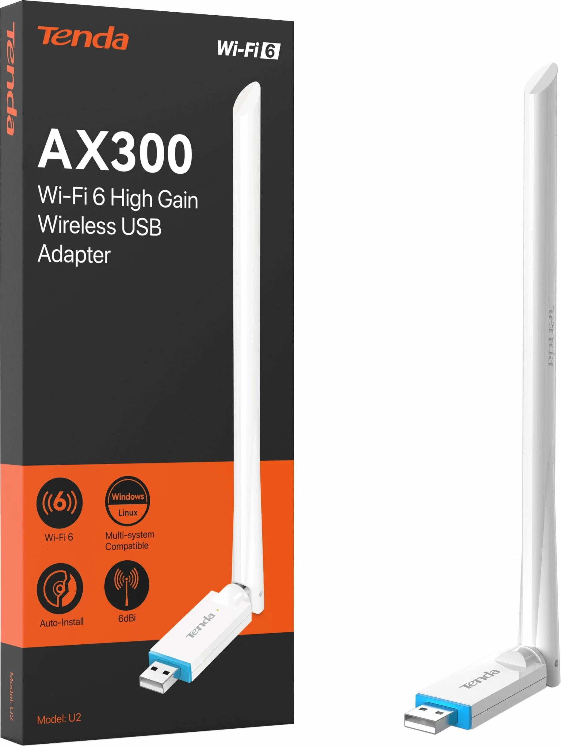 Adapter Wi‑Fi USB Tenda U2 287 Mbps, antenë e jashtme 6 dBi, i bardhë