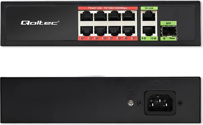 Switch rrjeti Qoltec 52297, 8x RJ45 PoE, 2x RJ45 Uplink, 1x SFP, 120W, 1000Mb/s, i zi