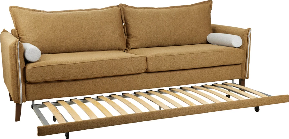 Krevat-sofë trefësh, ngjyrë camel/bezhë, 230x81x88