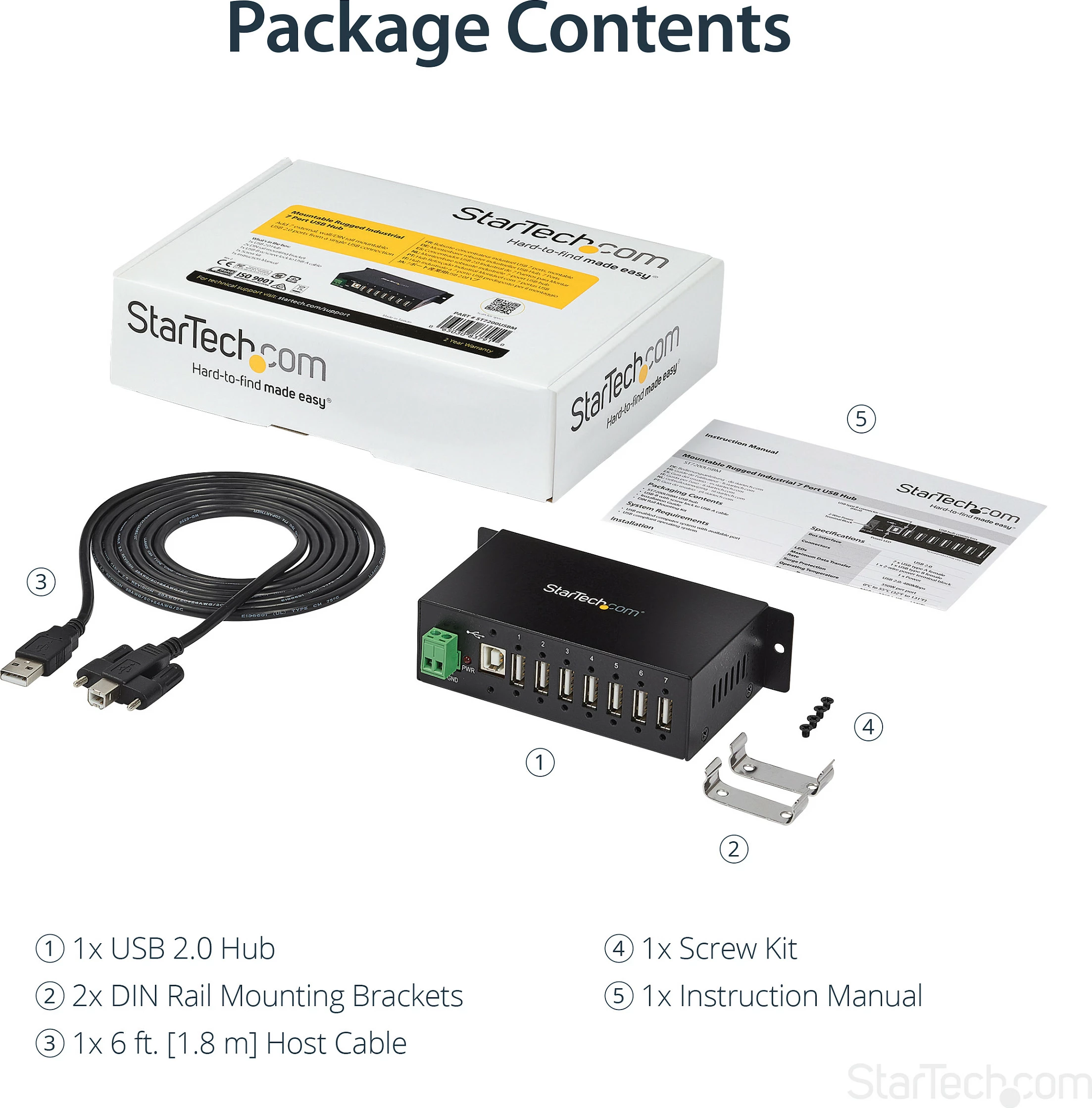 Hub USB StarTech ST7200USBM, 7-Port USB 2.0, metal, DIN rail, mbrojtje ESD/Surge, i zi