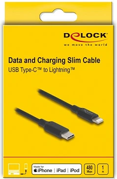 Kabllo DeLOCK Slim USB-C në Lightning, 1 m, MFi, 3A, e zezë