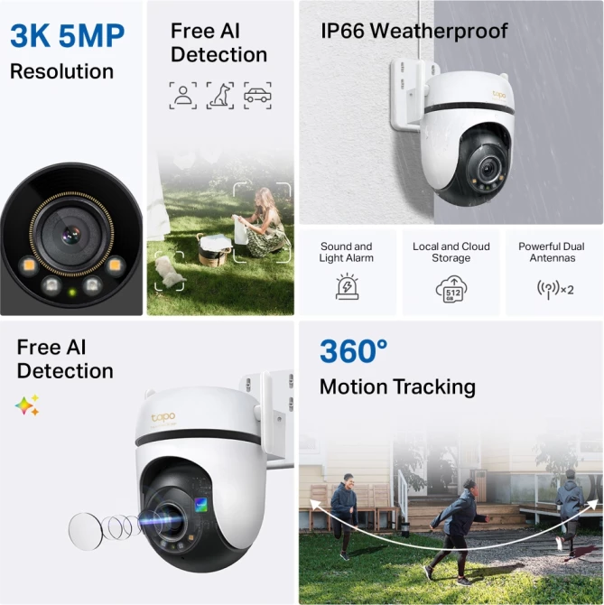 kamerë sigurie Wi‑Fi TP-Link Tapo C530WS 3K 5MP 360° pan/tilt, IP66, bardhë/zezë