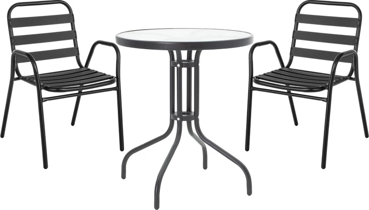 Tavolinë me karrige për terasë, 3 pjesë, ngjyrë e zezë, metal-xham, D60x70cm