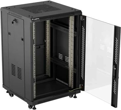 Kabinet rack LANBERG 19" 18U 600x600, me derë xhami, i zi