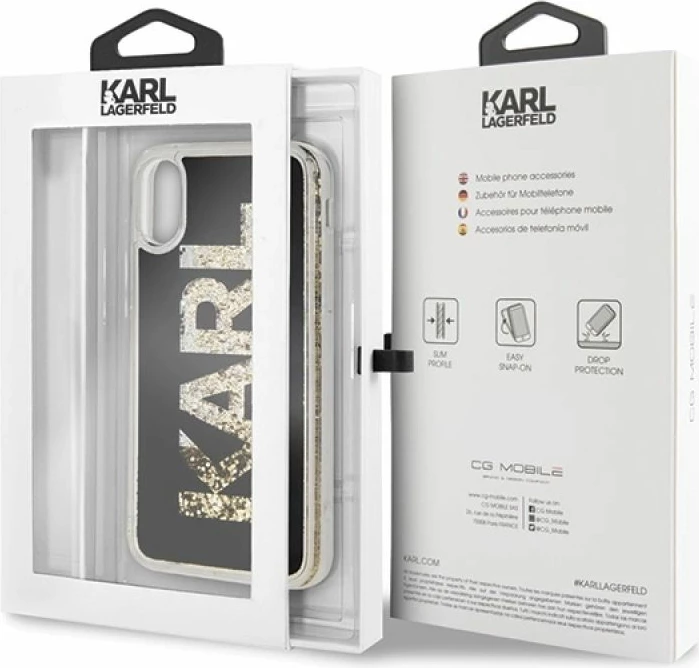 Mbrojtëse telefoni Karl Lagerfeld Karl Logo Glitter për iPhone X/Xs, e zezë