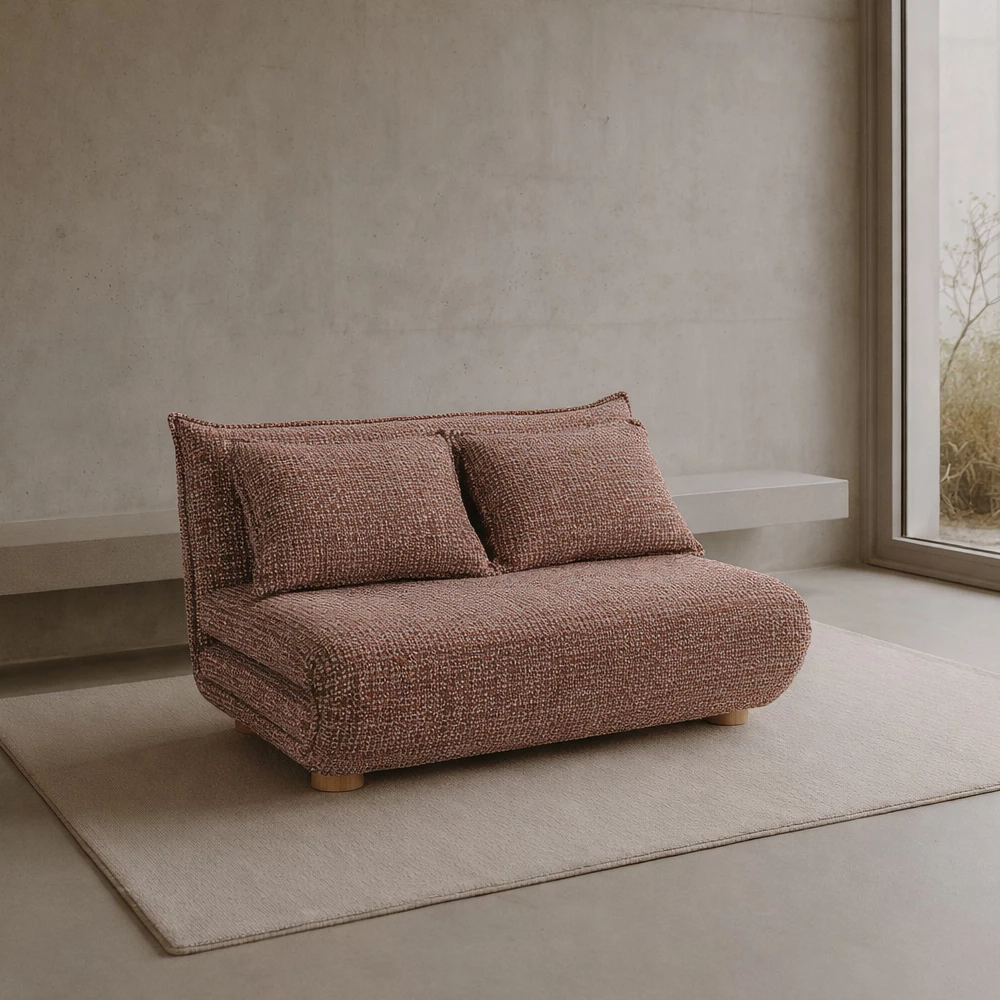 Futon divan për dy persona, palosës, terrakotë-bezhë me dizajn, 141x87x76cm