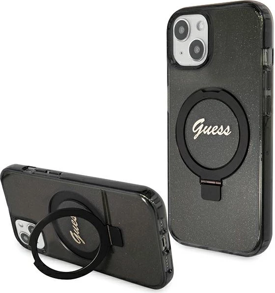 Mbështjellës Guess Ring Stand Script Glitter MagSafe për iPhone 15, i zi