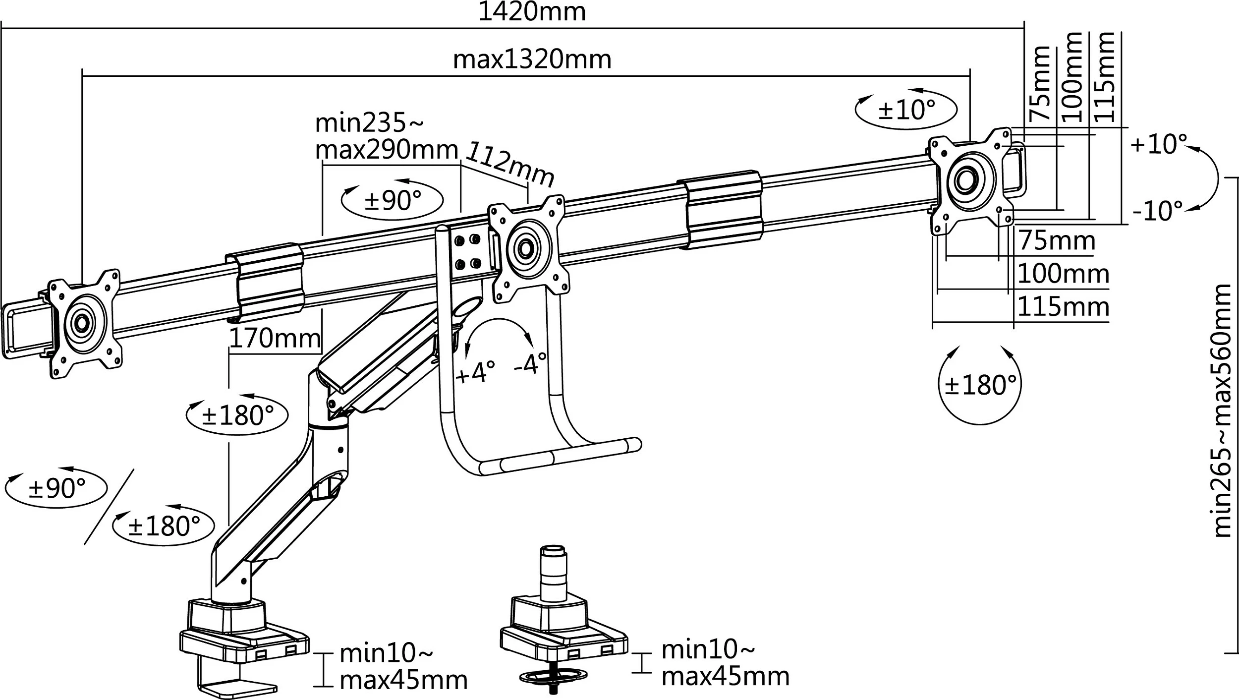 Mbajtës tavoline për 3 monitorë Equip 650162, 17"-27", VESA 75x75/100x100, 12 kg, i zi