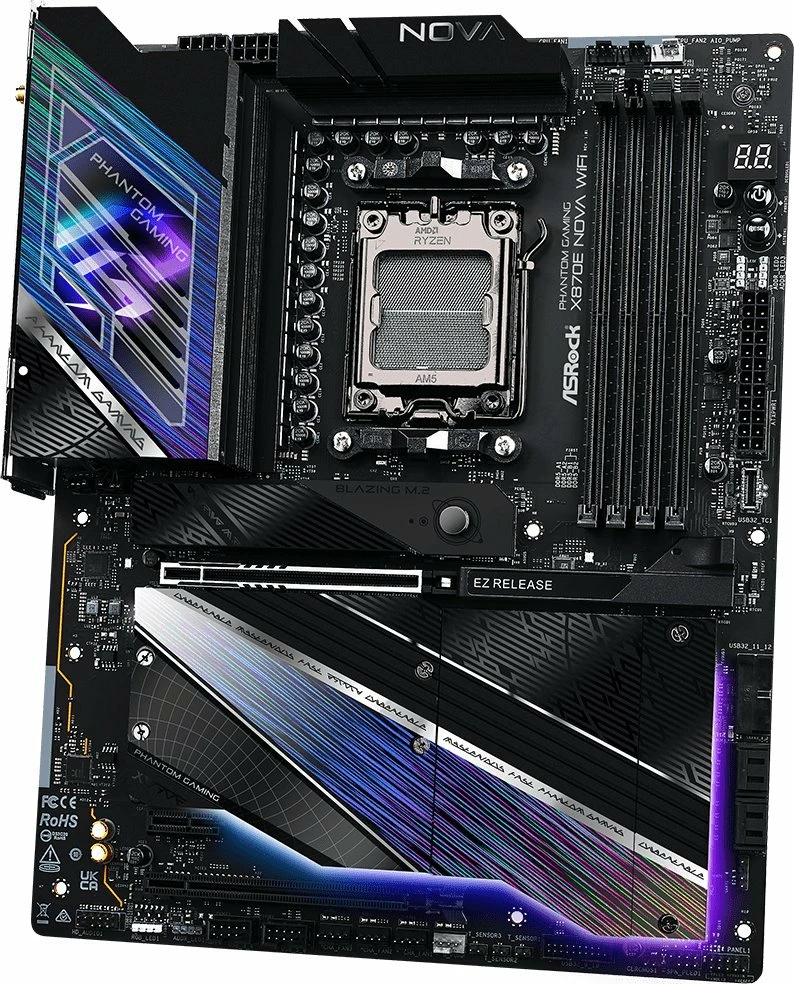 Pllakë amë ASRock X870E Nova WiFi Phantom Gaming ATX DDR5 256GB Wi‑Fi 7 USB4, e zezë/vjollcë, me antenë Wi‑Fi dhe kabllo SATA