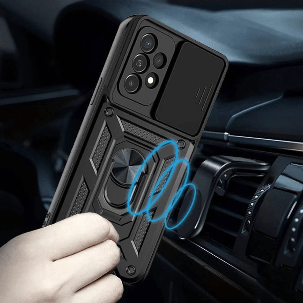 Mbështjellës ONASI Armor Ring për Samsung Galaxy S24 Plus 5G, me mbrojtje kamere me slider, me unazë/mbajtëse dhe stand, i zi