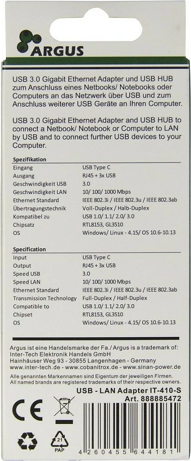 Adapter USB-C Inter-Tech Argus IT-410-S, 3x USB-A USB 3.2 Gen1 + RJ-45 LAN, alumin, gri