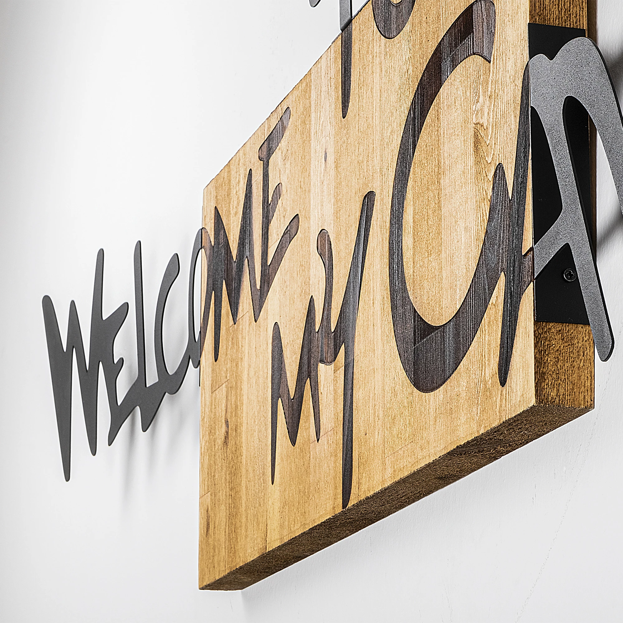Aksesor dekorativ për mur, dru dhe metal, ngjyrë arre dhe e zezë, Welcome To My Cave, Wallity