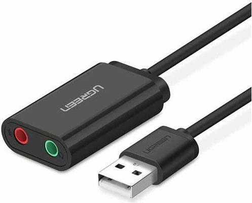 Adapter audio USB 2.0 në 3.5mm UGREEN 30724, dalje kufjesh + hyrje mikrofoni, 15cm, e zezë, me kuti
