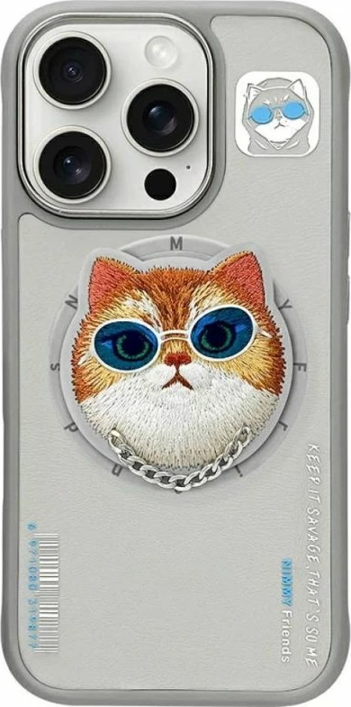 Kapak telefoni Nimmy Glasses Cool Cat MagSafe për iPhone 16 Pro, gri
