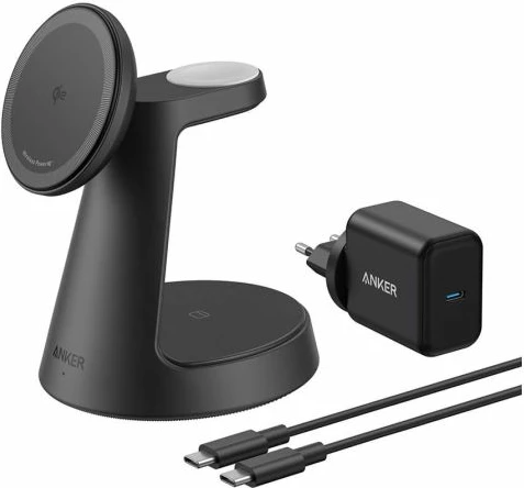 Stacion karikimi pa kabllo Anker MagGo B25M4G11 3-në-1 15W Qi2/MagSafe, i zi, set me adapter USB-C PD 36W + kabllo USB-C