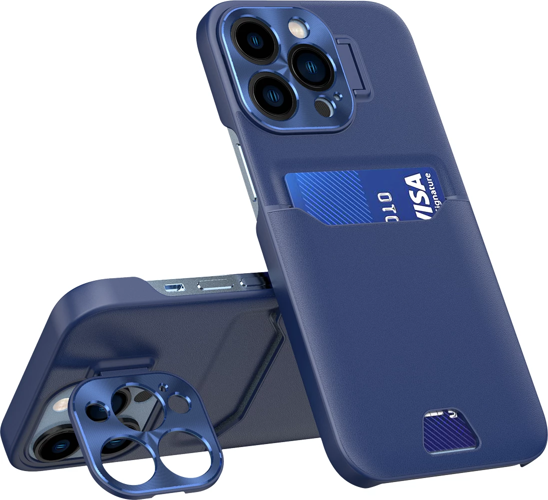 Mbështjellës Hurtel Leather Stand Case për iPhone 14 Pro Max, me xhep për kartela dhe stand, Kaltër