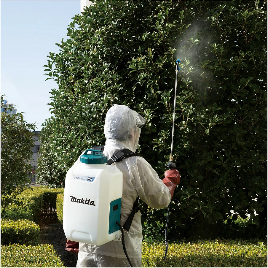 Spërkatës kopshti me bateri Makita DUS158Z, 18V, rezervuar 15L, spërkatës shpine, blu/bardhë