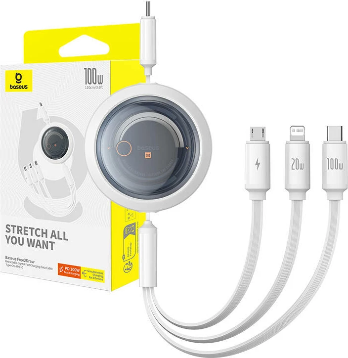 Kabllo karikimi 3-në-1 Baseus Free2Draw, USB-C në USB-C/Lightning/Micro, 100W, 1.1m, Bardhë