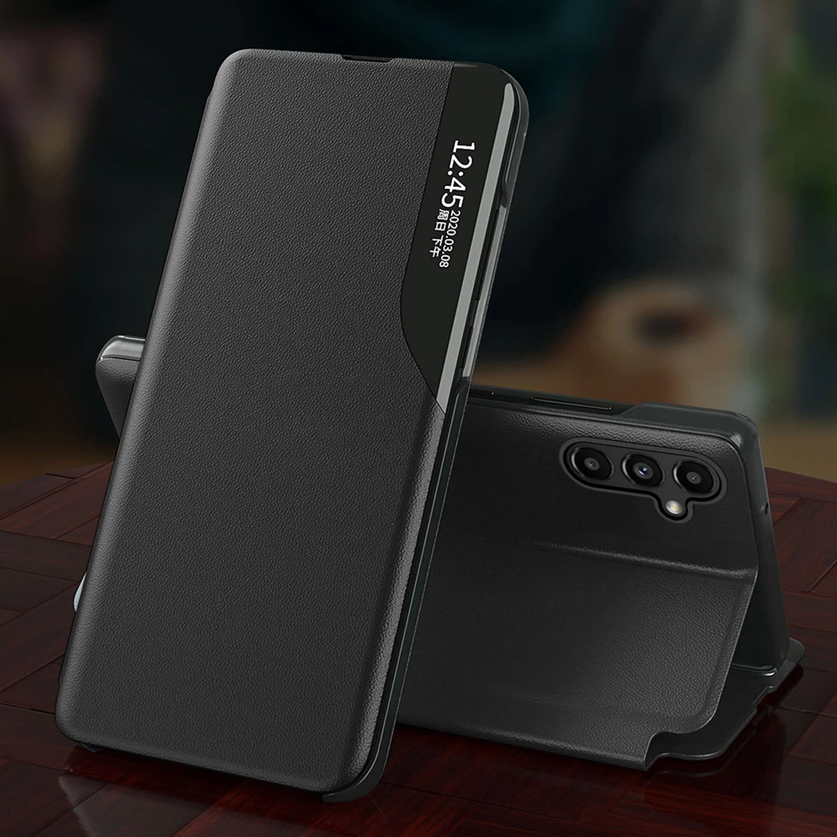 Mbështjellës Hurtel Eco Leather View Case për Samsung Galaxy S23+, i zi