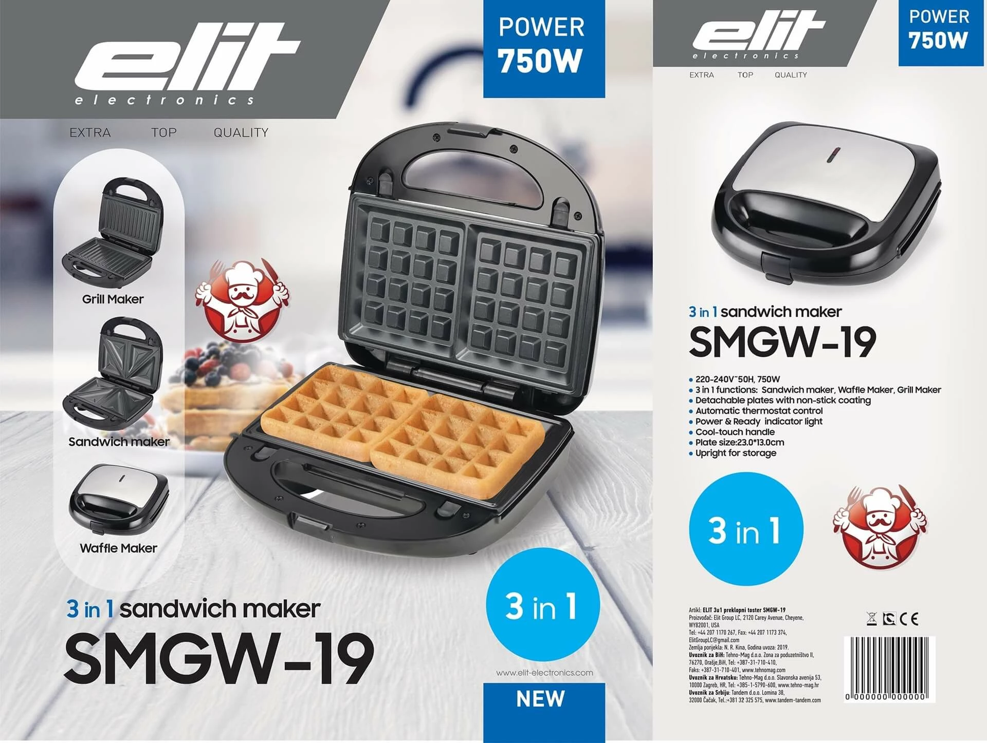 Toster 3në1 Elit SMGW-19 750W, pllaka të ndërrueshme sandwich/grill/waffle, zi/argjendtë 8
