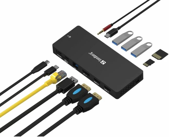 Docking station USB-C Sandberg 136-61, 13-në-1, PD 100W, 10Gbps, 2x HDMI + DP 4K@60Hz, RJ45 1Gbps, alumini, e zezë