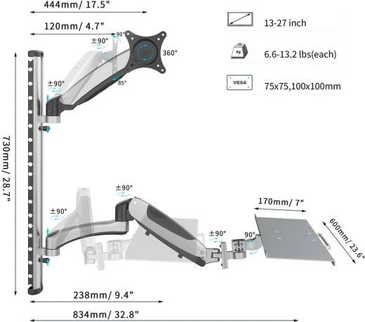 Krah muri për monitor dhe tastierë Digitus DA-90354, deri 27", 8 kg, VESA 75x75/100x100, zi/gri