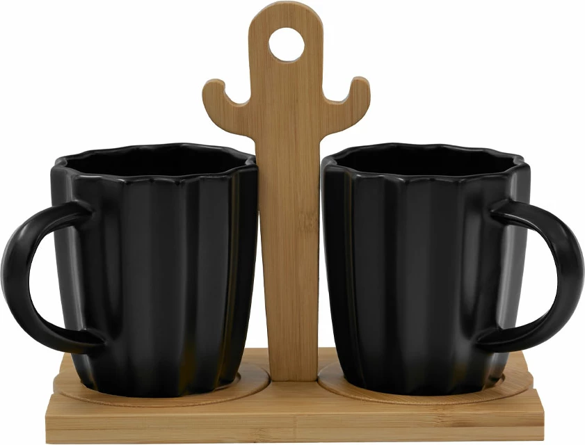 Set filxhanësh espresso Cactus, porcelan i zi, bambu natyral, 2 copë, 20x12x17cm