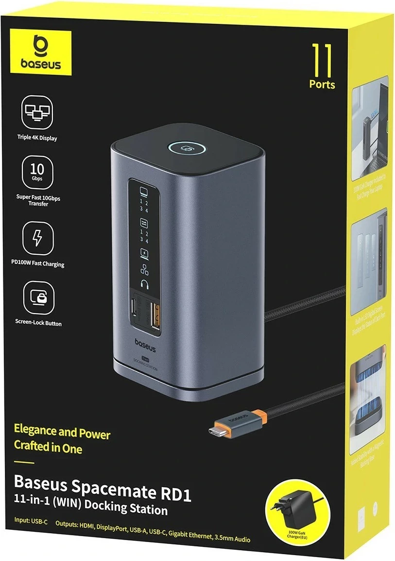 Doking stacion Baseus Spacemate RD1, 11në1, USB-C, 2xHDMI 4K@60Hz, 2xDP 4K@60Hz, 2xUSB-A 10Gb/s, USB-C 10Gb/s, RJ45, USB-A 480Mb/s, USB-C PD, mini jack 3.5mm, ngjyrë gri