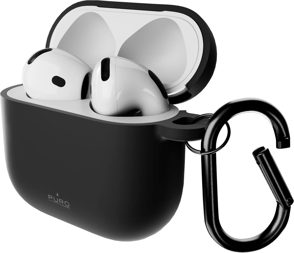 Mbështjellës silikoni Puro Icon për Apple AirPods 4, me karabinë, i zi