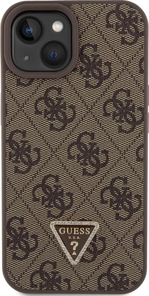Mbështjellës Guess Leather 4G Triangle Strass për iPhone 15, Kafe
