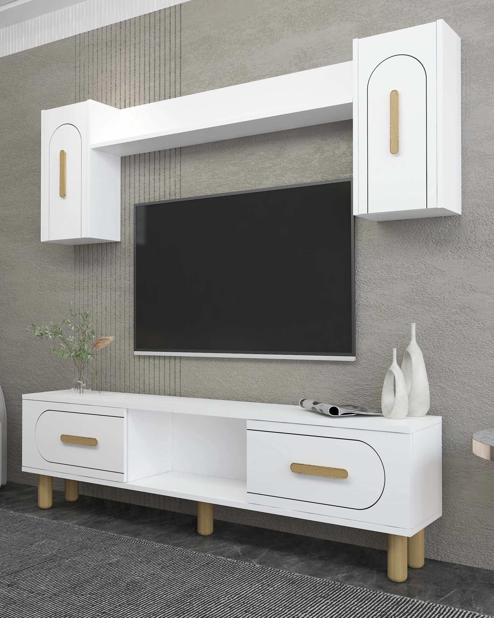 Komodë TV Skye Decor, e bardhë, lisi safir