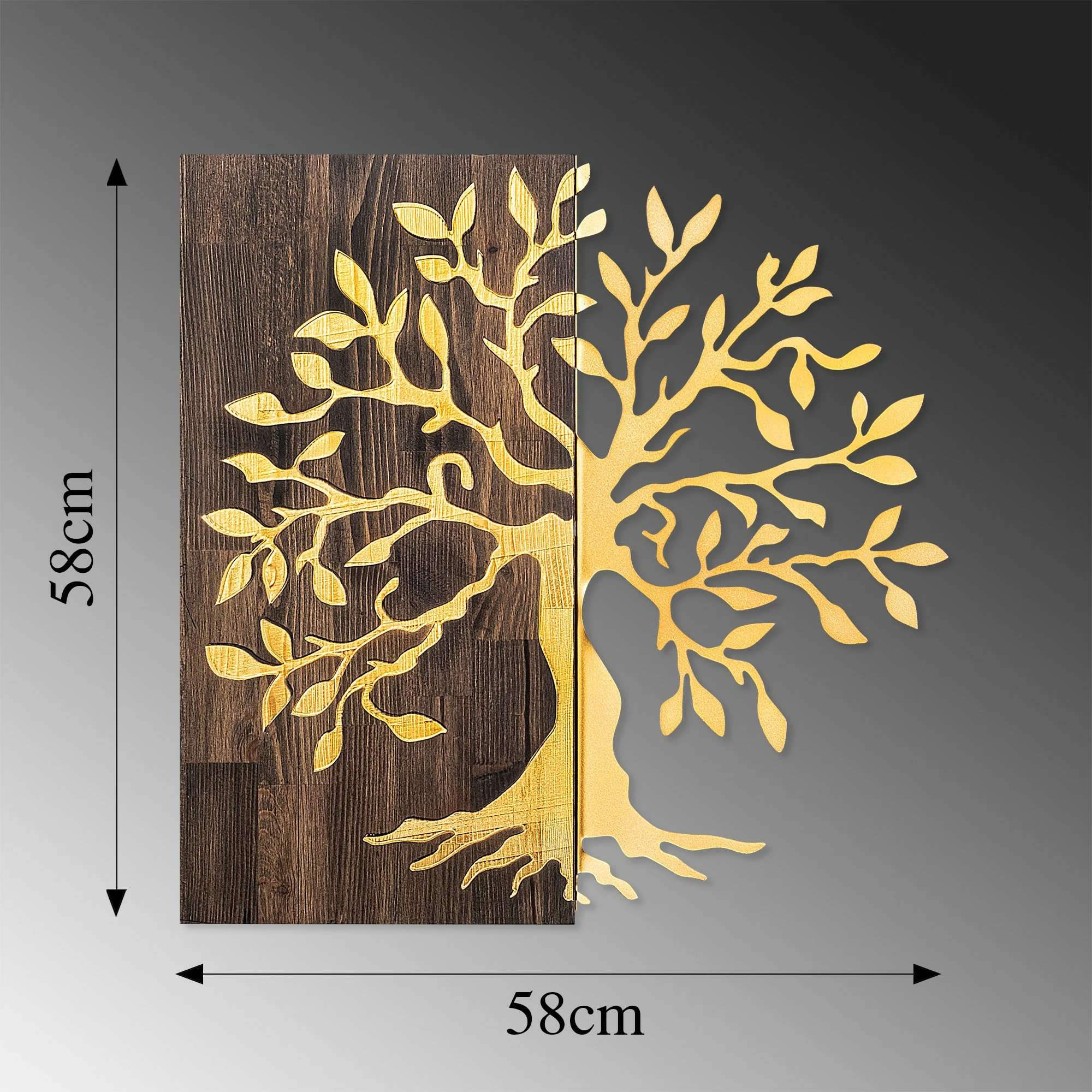 Dekor druri për mur, motiv peme, ngjyrë arre dhe ari, Wallity, 58x58cm