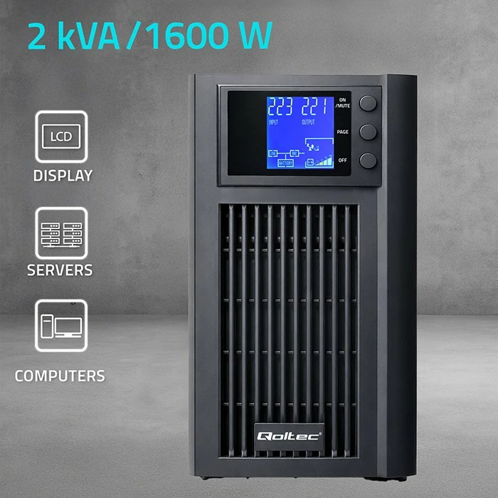 UPS me valë sinusoidale, Qoltec, 52641, 2kVA 1600W, line-interactive, AVR, LCD, 4x 7Ah, 2x Schuko, e zezë