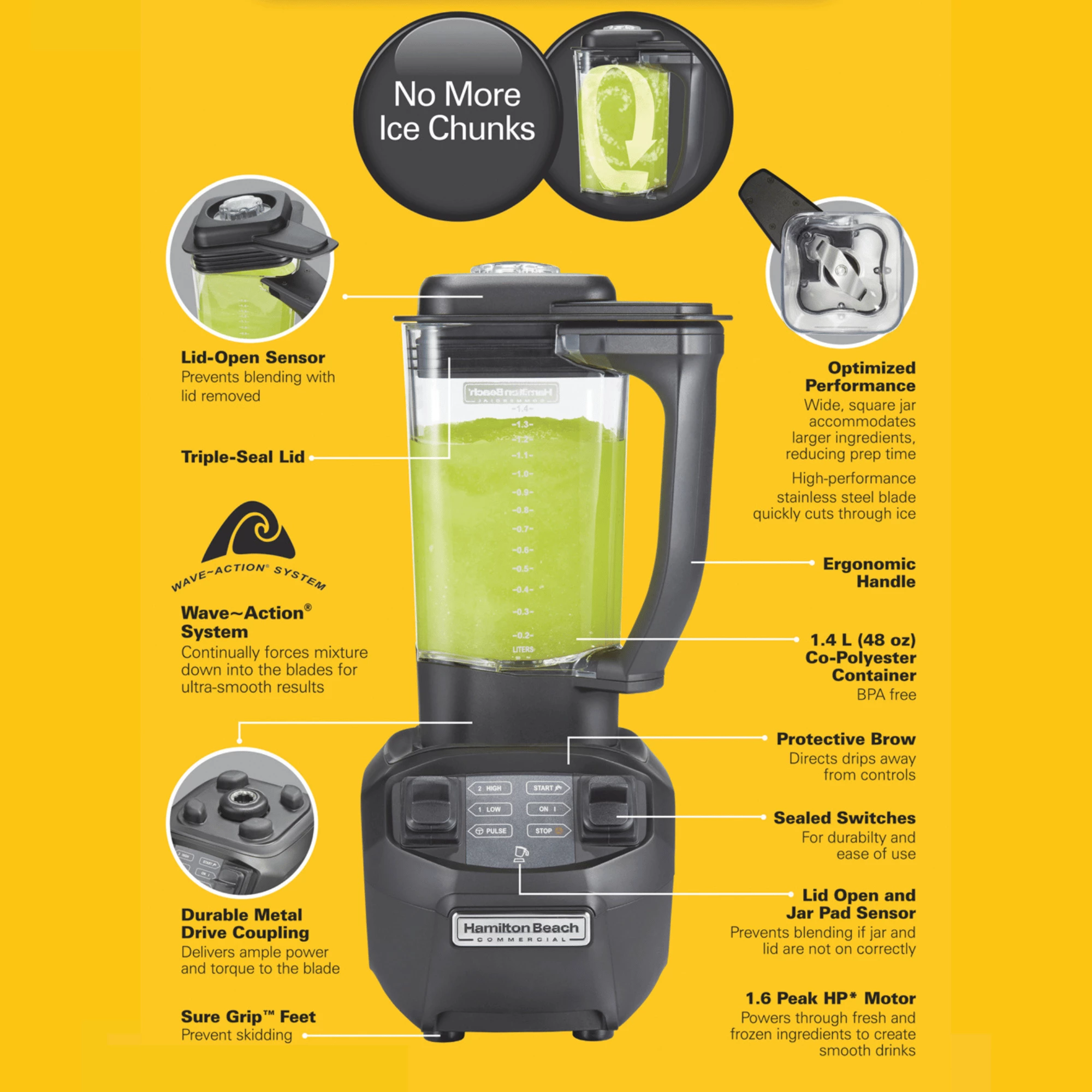 Blender bar, Hamilton Beach Commercial, HBB255-CE, 1.4L copoliester, 1.6 HP, 2 shpejtësi me Pulse