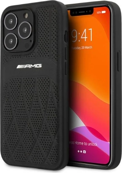Mbështjellës Mercedes AMG Leather Curved Lines për iPhone 13 Pro Max, i zi