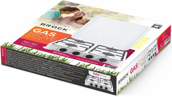 Soba gazi portative Brock GS 004, 4 djegës gize, për G30/G31 (butan/propan), me kapak, e bardhë