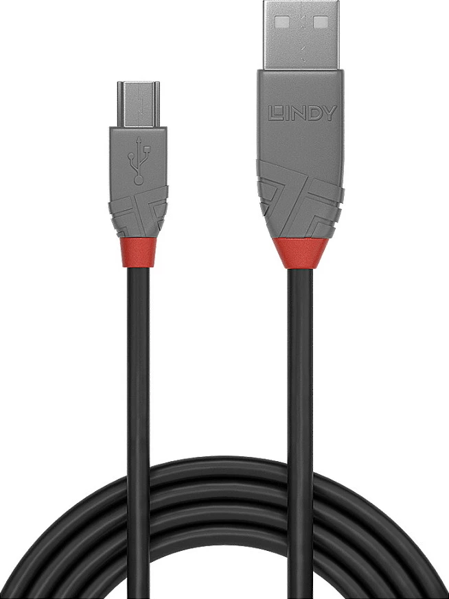 Kabllo USB LINDY Anthra Line, USB-A në Mini-USB B, 2m, USB 2.0 480Mbps, e zezë/gri