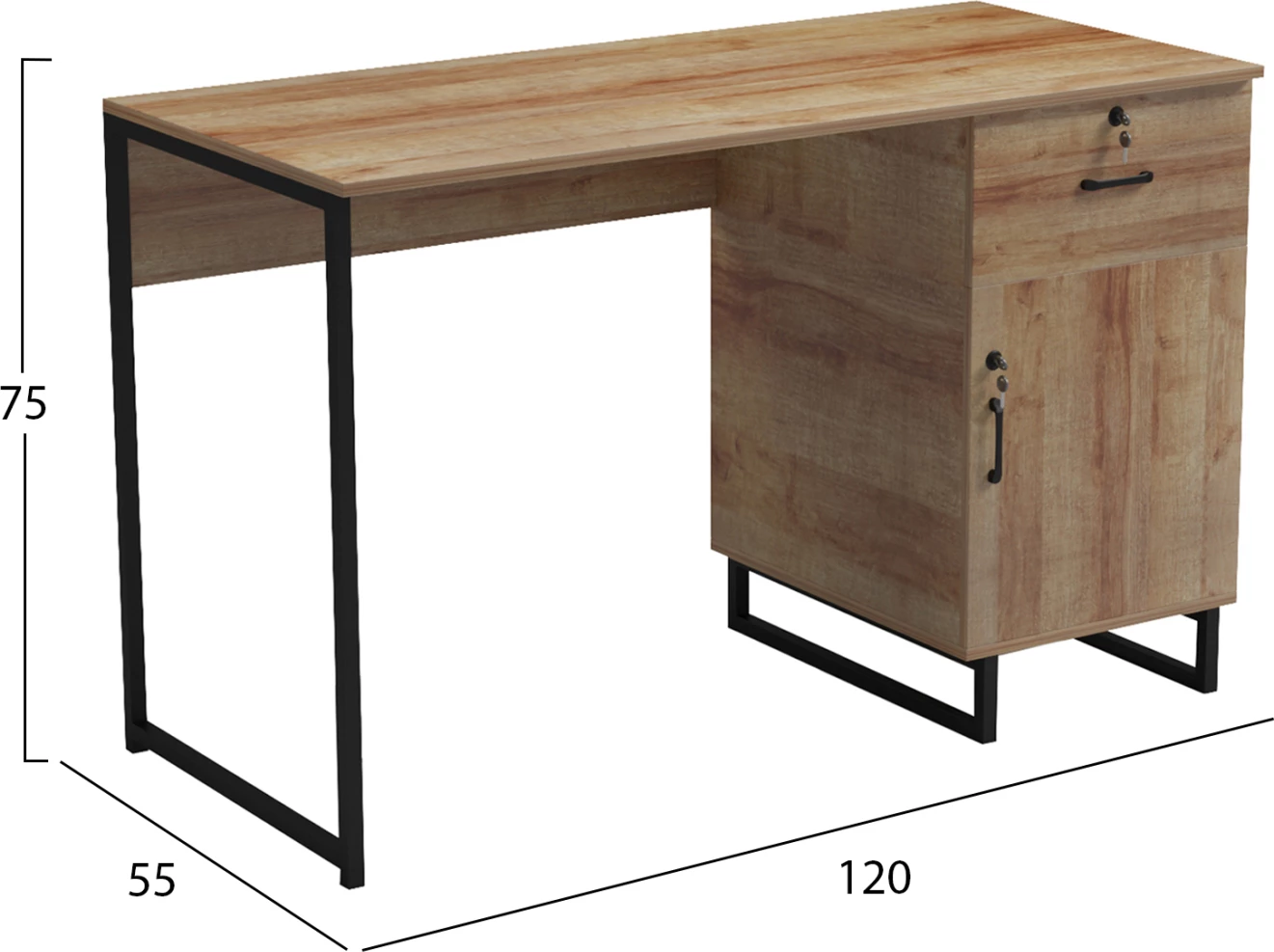 Tavolinë zyre me sirtar dhe dollap, ACCON FH18383.01, këmbë metalike të zeza, melaminë ngjyrë lisi, 120x55x75 cm
