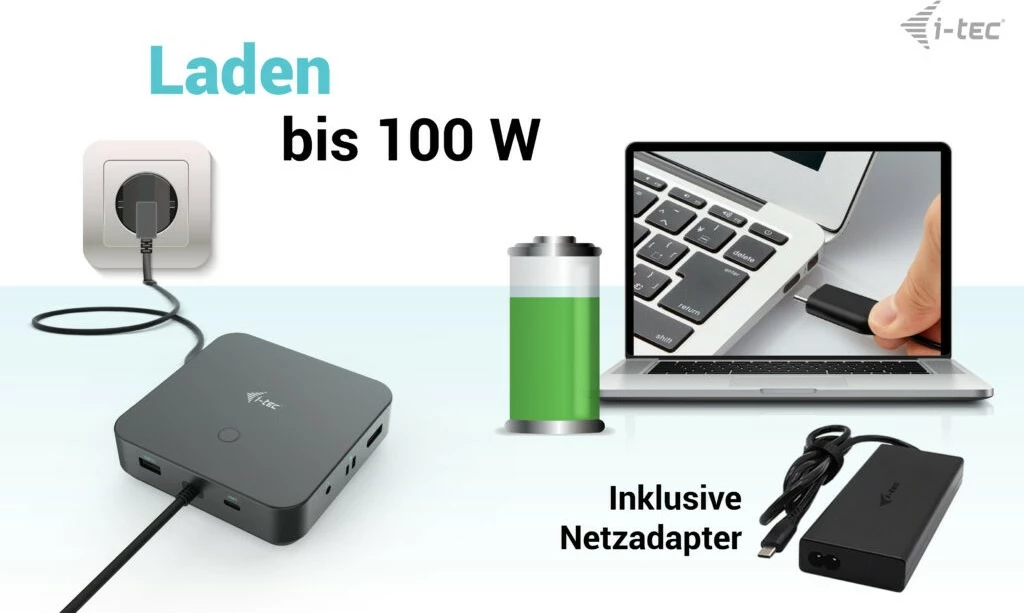 Docking station I-Tec USB-C HDMI Dual DP, 100W, me adapter universal, e zezë