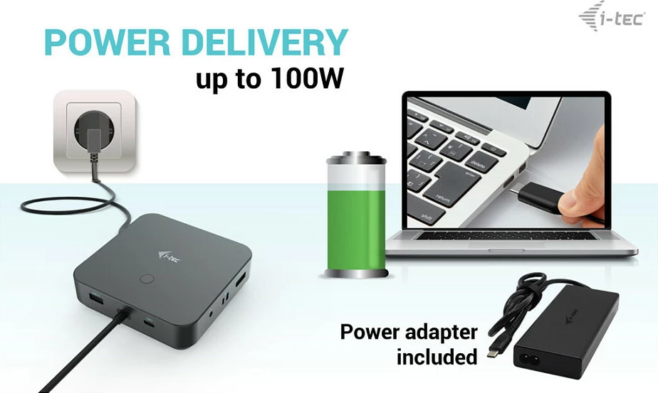 Docking station I-Tec USB-C HDMI Dual DP, 100W, me adapter universal, e zezë