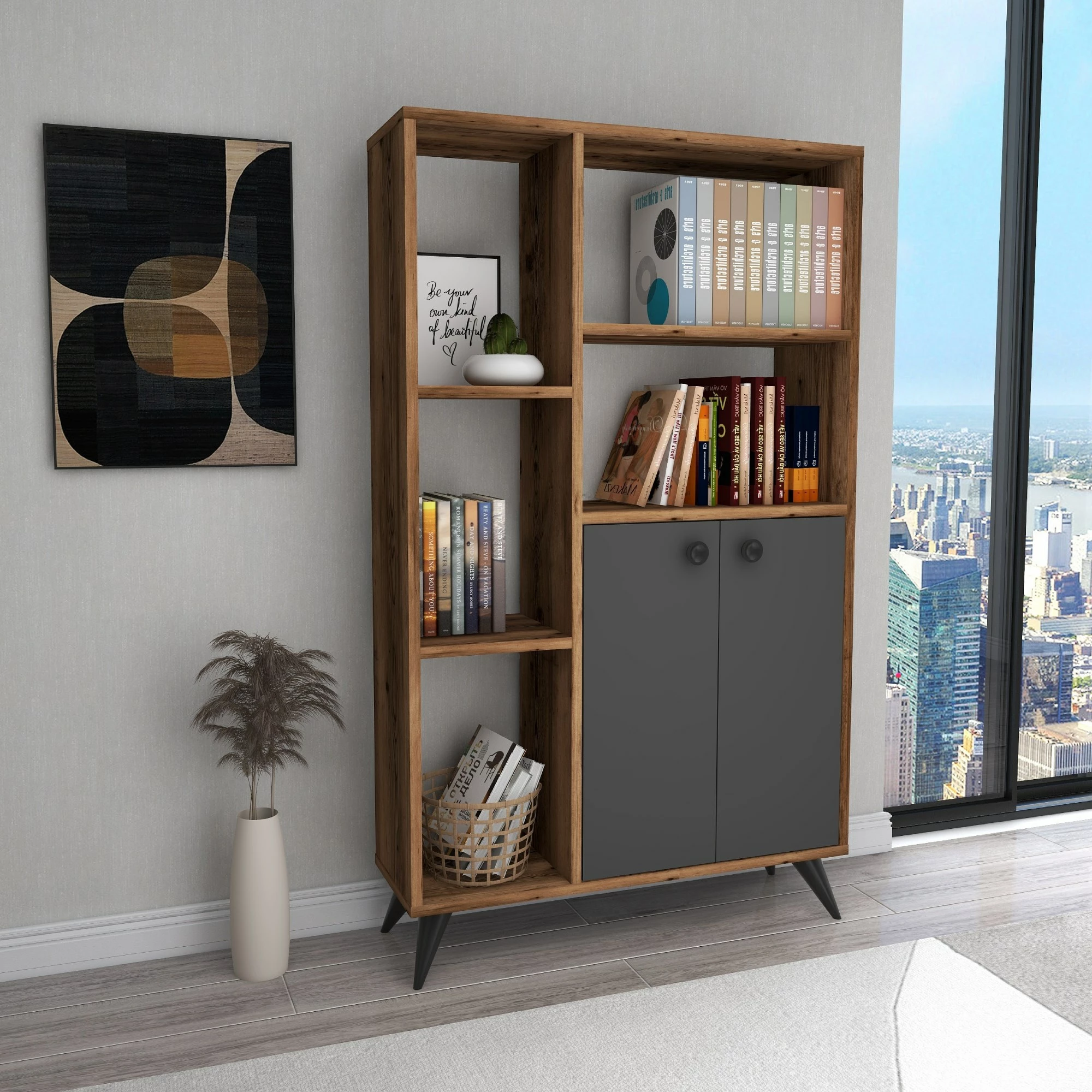 Raft librash Hanah Home, Meldan, ngjyrë arrë e çelët, antracit