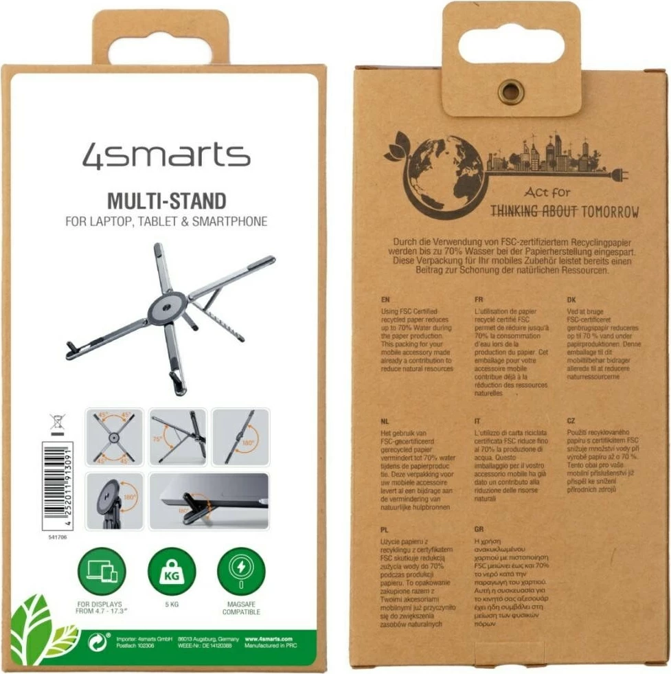 Mbajtës për laptop/tablet/celular, 4smarts 4SM000036, kompatibil me MagSafe, alumini, kënd i rregullueshëm, gri