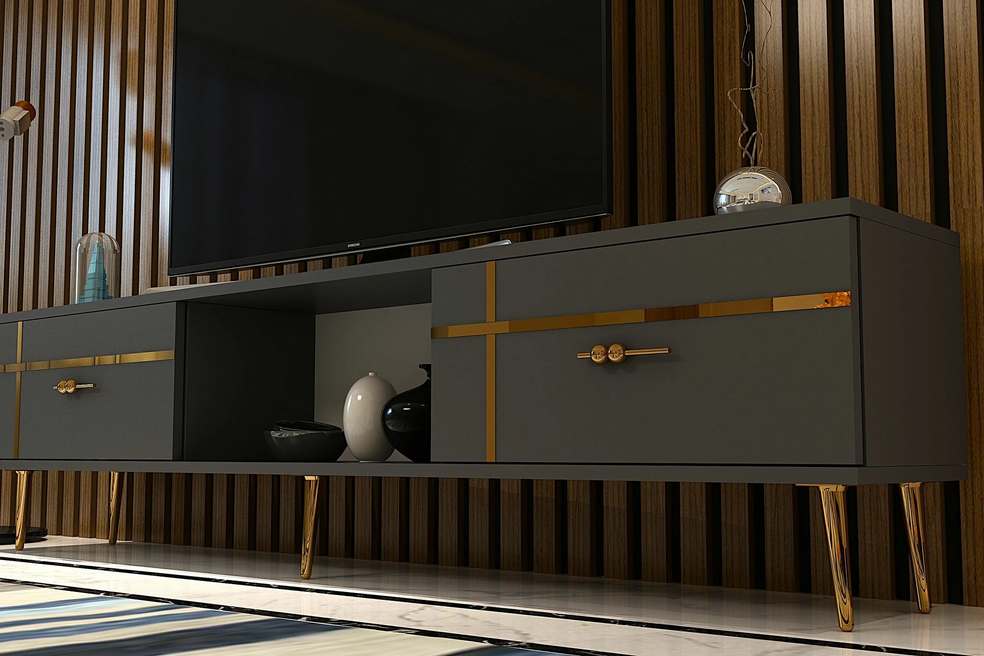 Komodë TV Skye Decor, ngjyrë antracit, detaje të arta