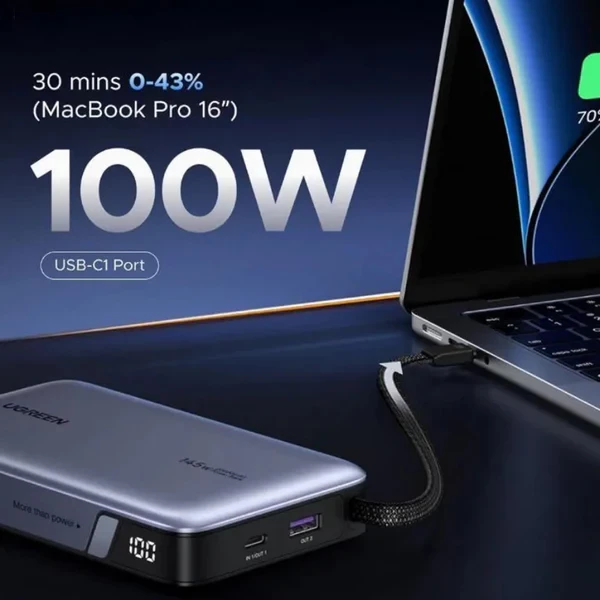 Powerbank UGREEN Nexode PB551 55992B 20000mAh 145W me kabllo USB-C të integrume, gri