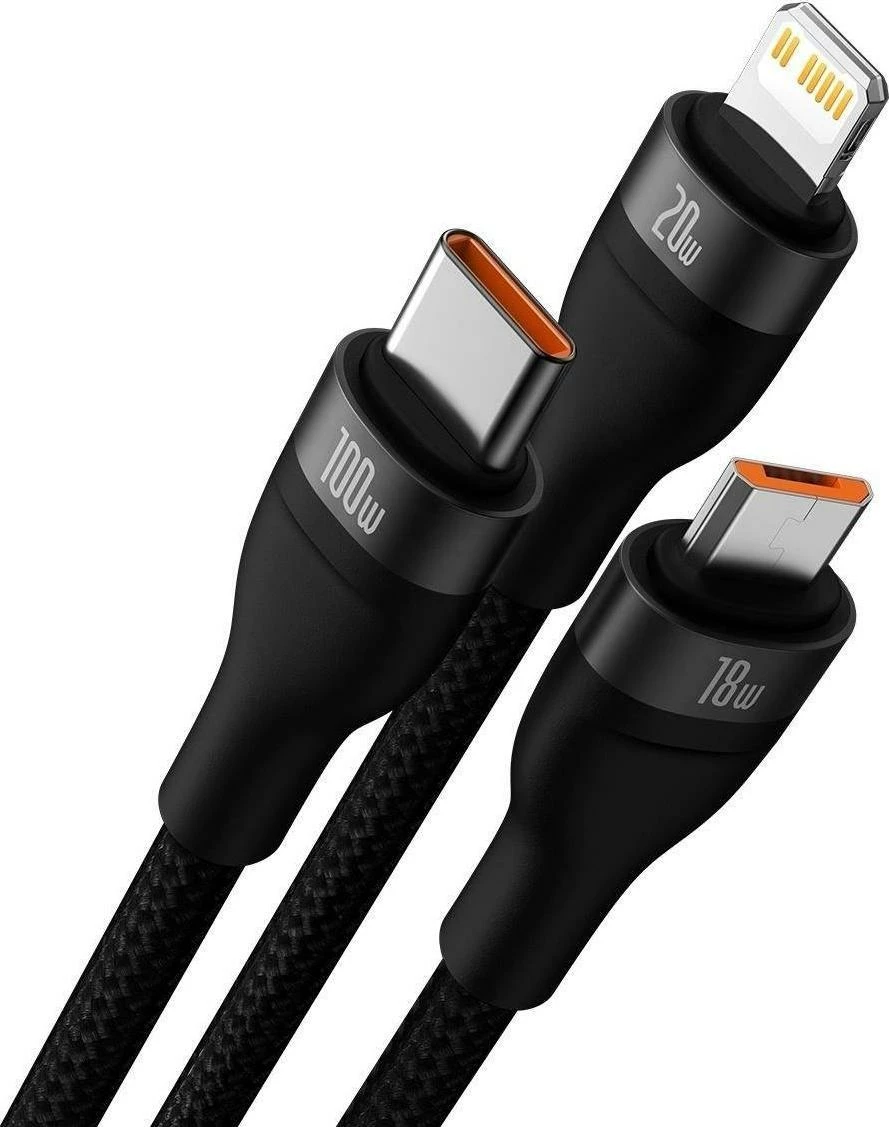 Kabllo karikimi multi-connector Baseus Flash Series II CASS030101 1.2 m 100 W (USB-A/USB-C në USB-C/microUSB/Lightning), e zezë