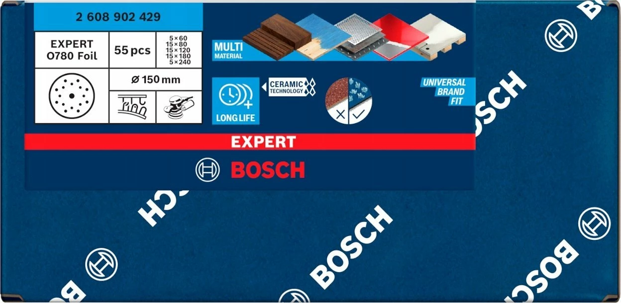 Disk zmerile Bosch EXPERT O780 150 mm, me rzep, set 55 copë (60/80/120/180/240)