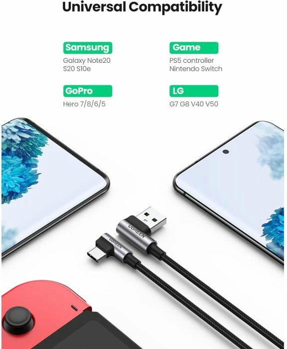 Kabllo USB-A në USB-C UGREEN 20856, 90° right-angle, fast charging 18W, 480Mbps, 1m, e zezë/argjend