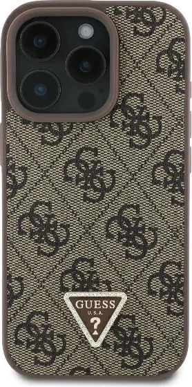 Mbështjellës Guess 4G Triangle Strass për iPhone 16 Pro, MagSafe, Kafe